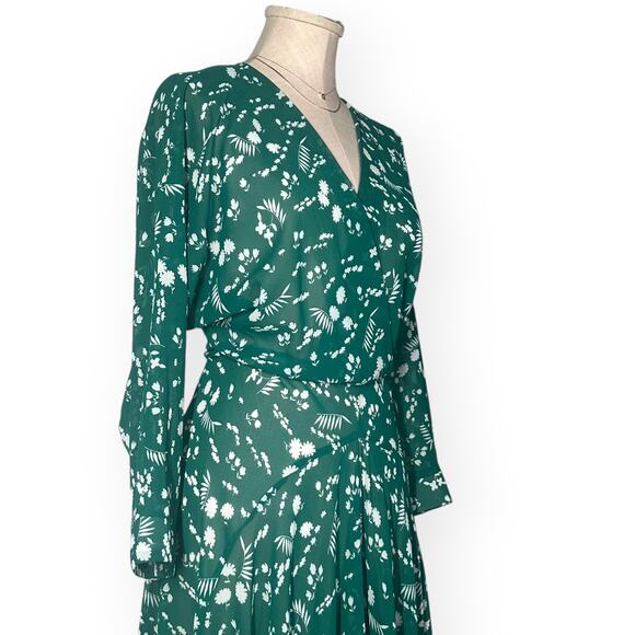 MAJE Green Floral Midi Dress Surplice Neck Wedding Cocktail Party Romantic Boho - Picture 4 of 12